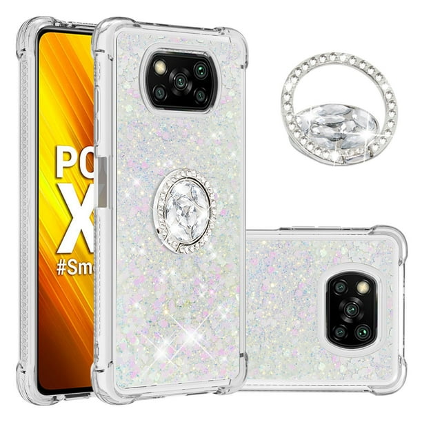 Funda para Xiaomi Poco X3 NFC/X3 PRO con Brillo Líquido Flotante, Purpurina, Parachoques y Anillo Giratorio Soporte