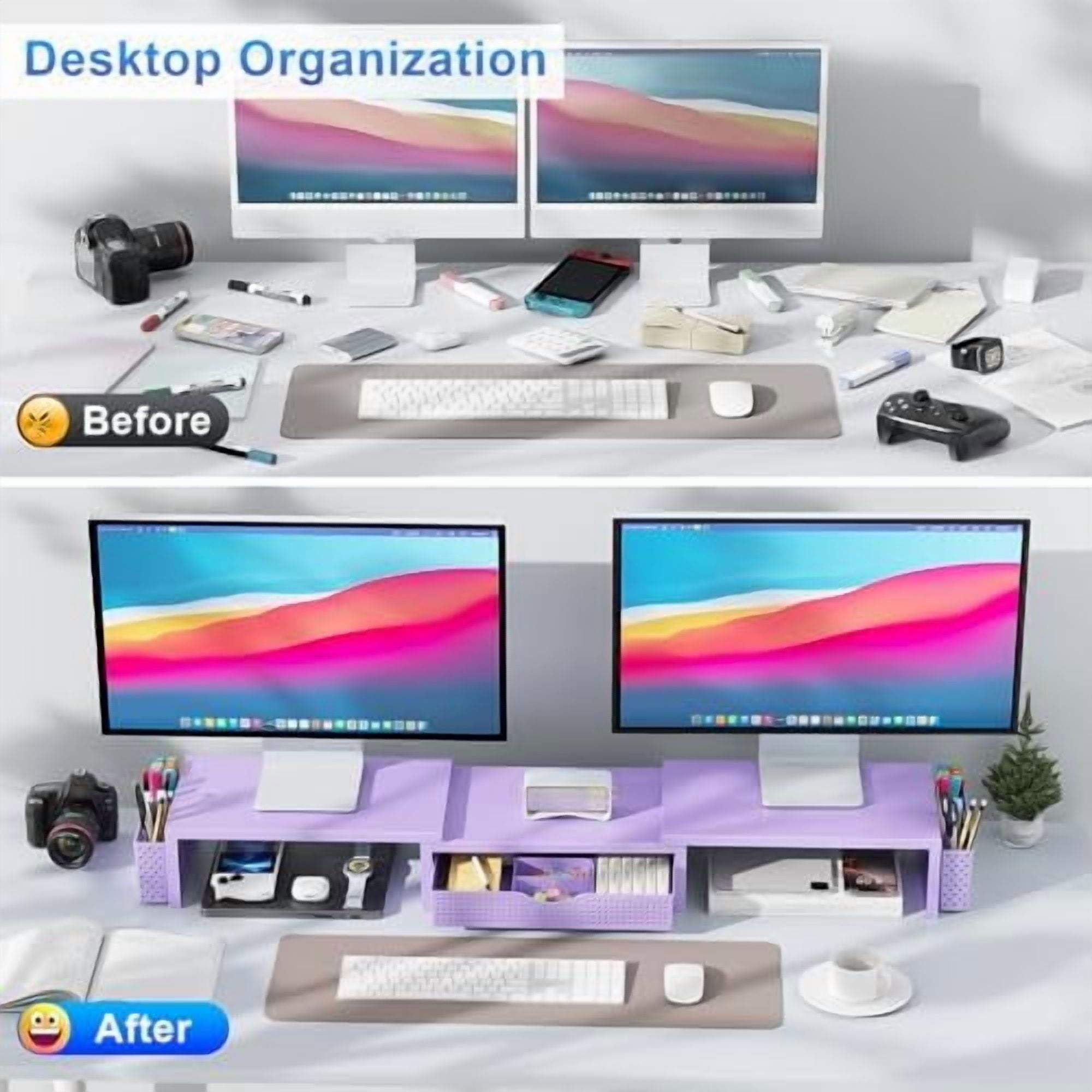 Dual Monitor Stand Riser, Desk Organizer With Drawer and 2 Pen Holders, Desk Organizers and Accessories, Purple Office Decor (Purple)