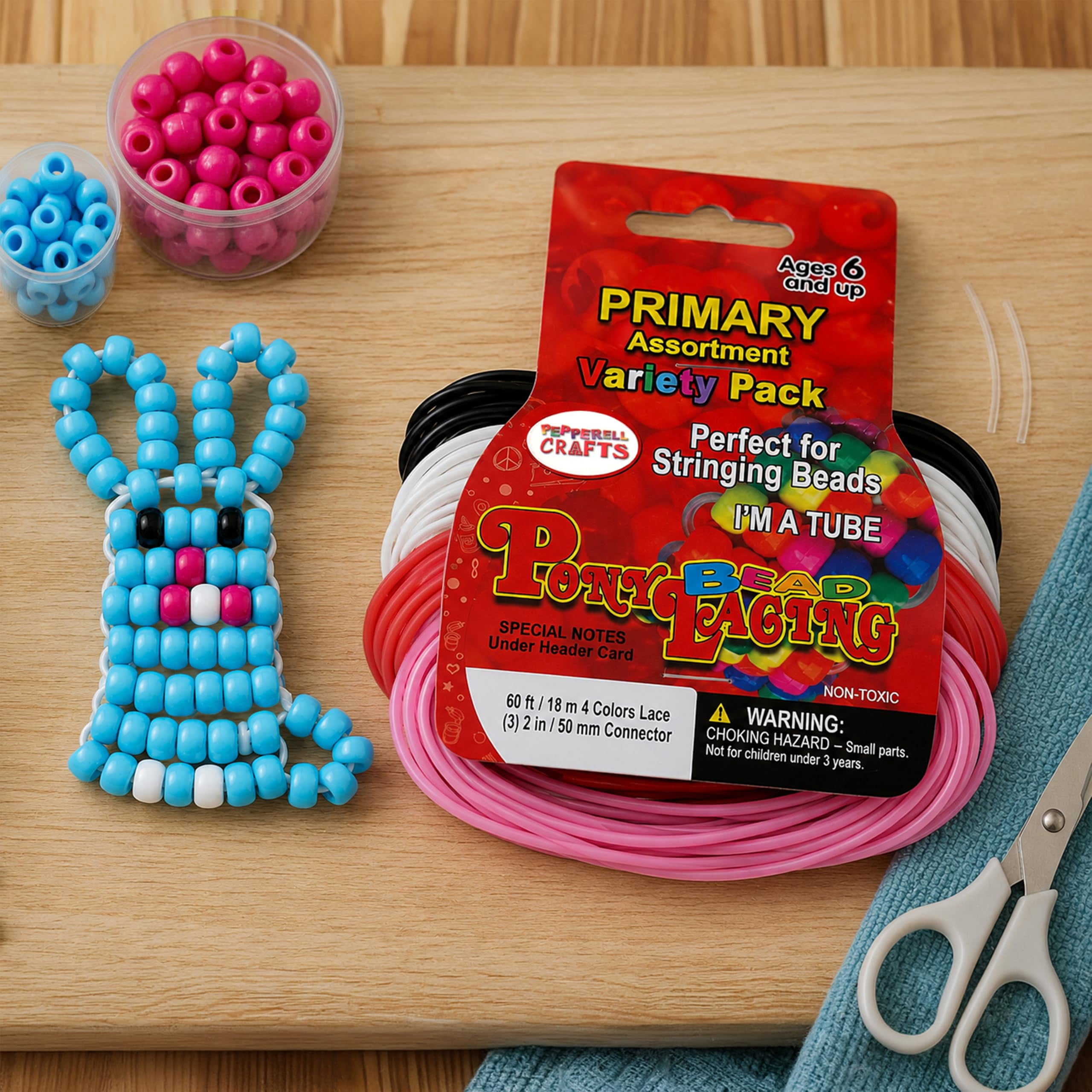 Pepperell Pony Bead Lacing – 2” Dia. Hollow Lacing Tube Cord, Frost Color, 60 ft, w/ 3 Connectors