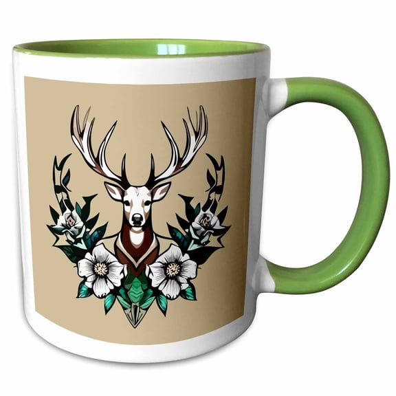 3drose, Cartoon Art of a Deer with Georgia Rose, 11oz Two-tone Green Mug