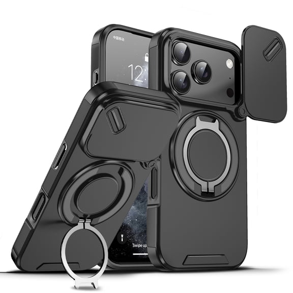 for iPhone 18 Pro Max Case with 360° Rotating Ring Holder Kickstand and Sliding Camera Cover, Luxury TPU PC Hybrid Shock-Resistant Drop Protective Phone Case Cover, Black