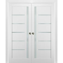 French Double Pocket Doors 48 x 80 with Frames | Quadro 4088 White Silk with Frosted Opaque Glass | Kit Trims Rail Hardware | Solid Wood Interior Pantry Kitchen Bedroom Sliding Closet Sturdy Door
