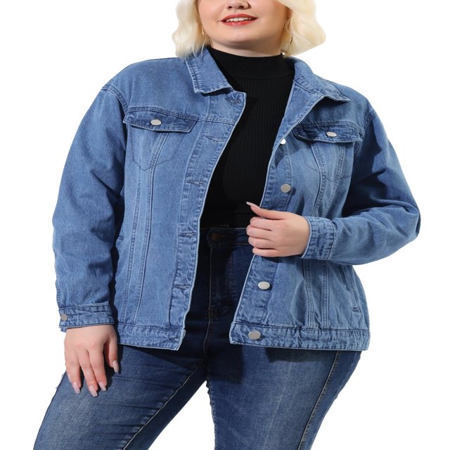 Unique Bargains Women‘s Plus Size Long Sleeve Button Front Washed Denim Jacket