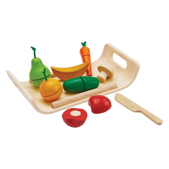 PlanToys® Wooden Fruits & Vegetables Cutting Set | Montessori-Inspired Play Food for Toddlers | Pretend Play Kitchen Toy with Knife and Tray | Educational Fine Motor Toy
