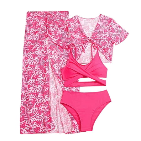 Girls  Swimwear Girl s Four Piece Swimsuits Wrap Bikini Set Bathing Suits With Tropical Print Cover Up