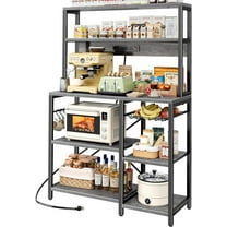 Bakers Rack with Power Outlet, Charcoal Gray with Wire Basket, Kitchen Microwave Stand with 6 S-Shaped Hooks, Open Storage Shelves, Rustic Brown
