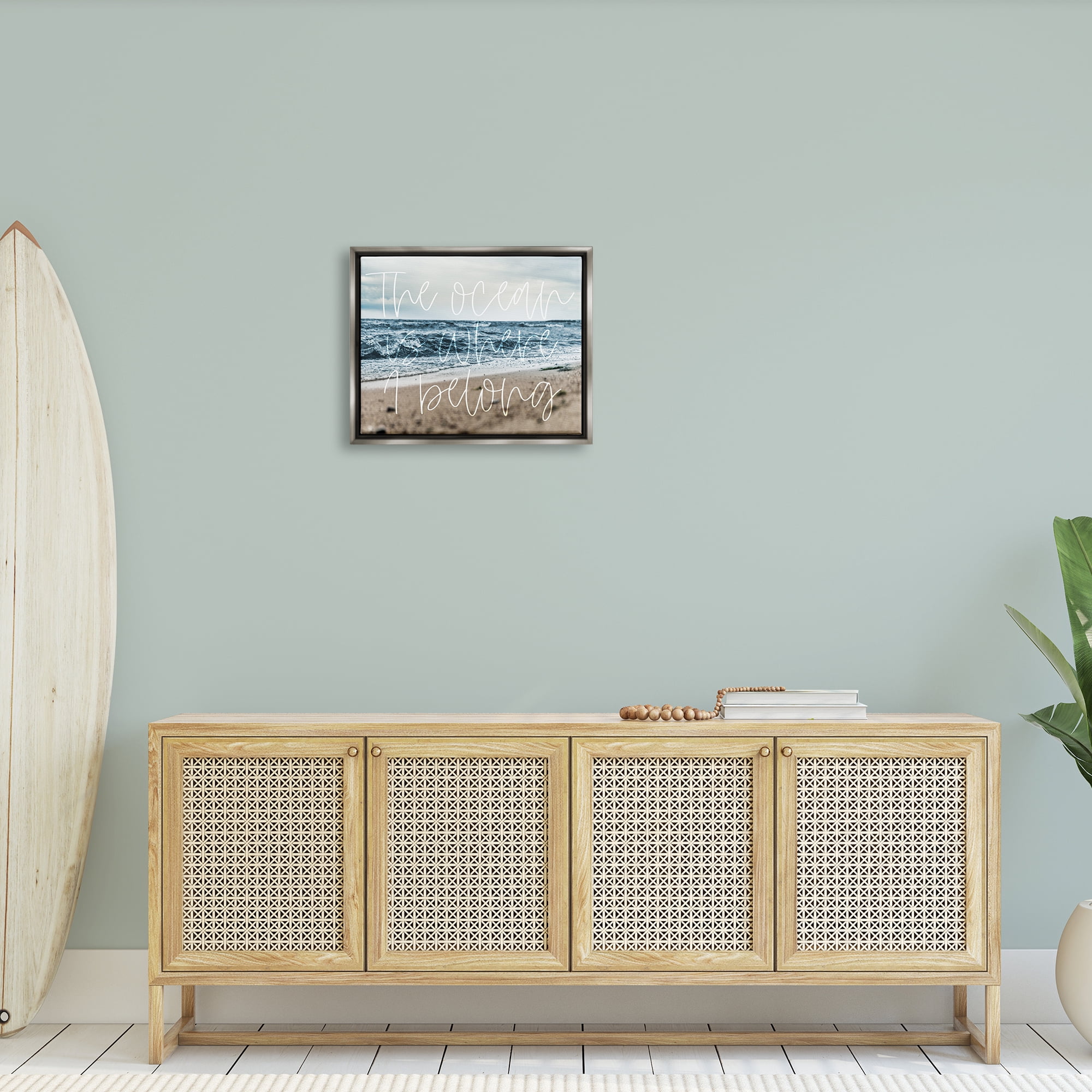 Stupell Ocean Is Where I Belong Beach Waves Landscape Painting Gray Floater Framed Art Print Wall Art