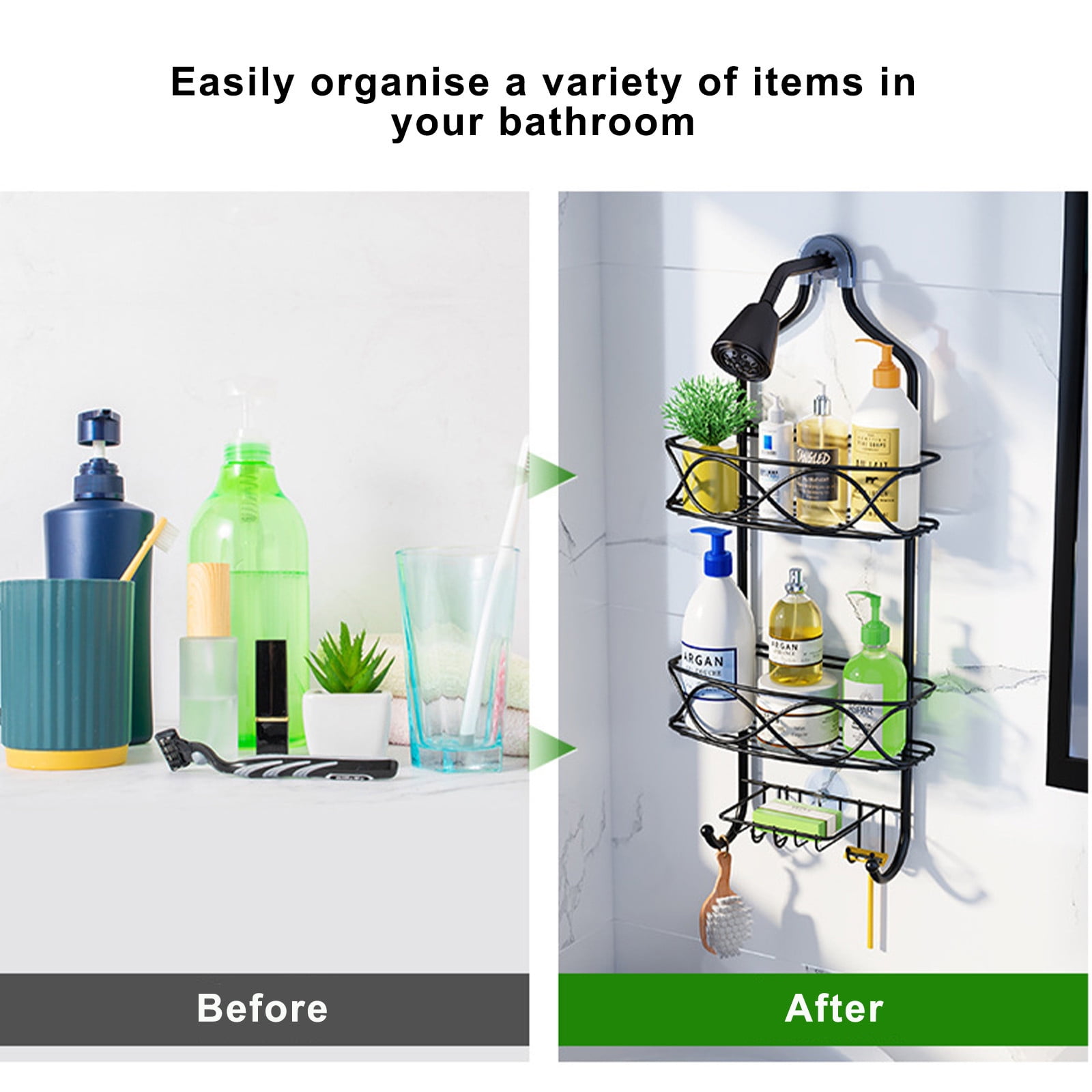 Fufafayo under $5 Shower Caddy Hanging Adjustable Shower Caddy, Rustproof Shower Organizer Extended Length Shower Caddy Over Shower Head with Hooks Soap Holder, Bathroom Organizer