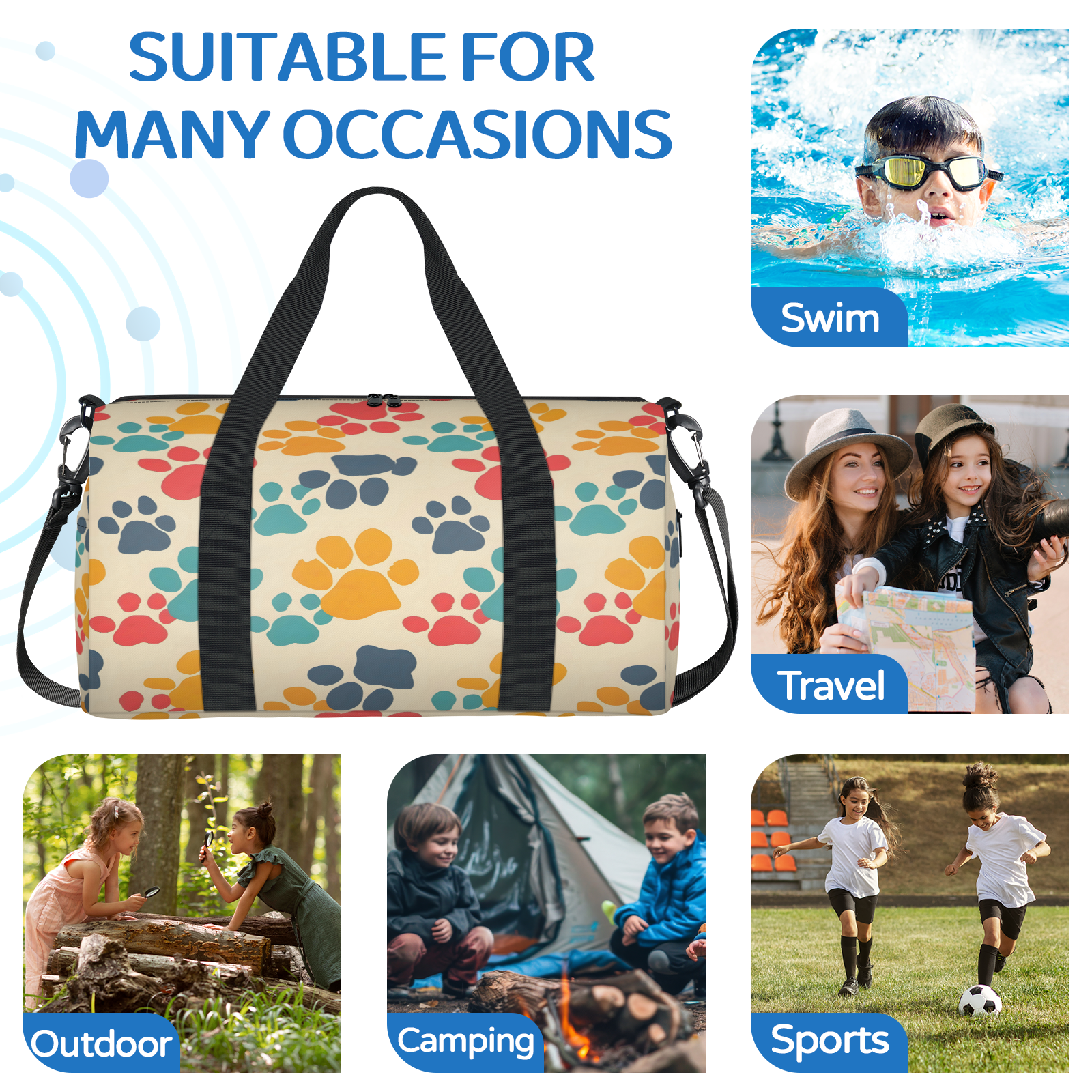 Herdesigns Dog Paw Print Pet Gym Bag for Women, Duffle Bag for Travel Sport, Lightweight Waterproof Carry on Weekender Overnight Dance Yoga Workout Bags