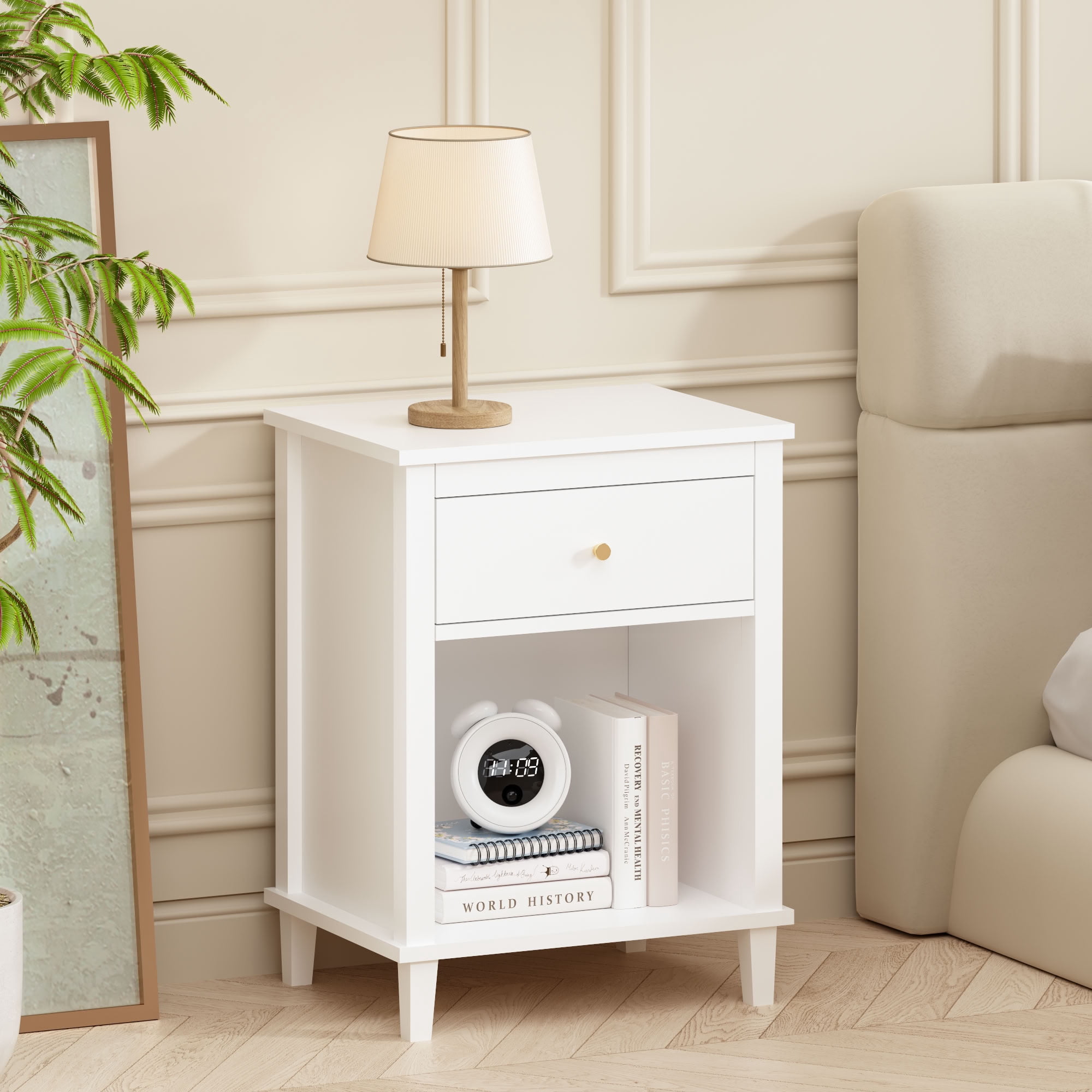 MAYEERTY 26.77" H Nightstand with Drawer & Open Shelf, Wooden Bedside End Side Table, for Kids Adults Bedroom Living Room Small Apartment Dorm