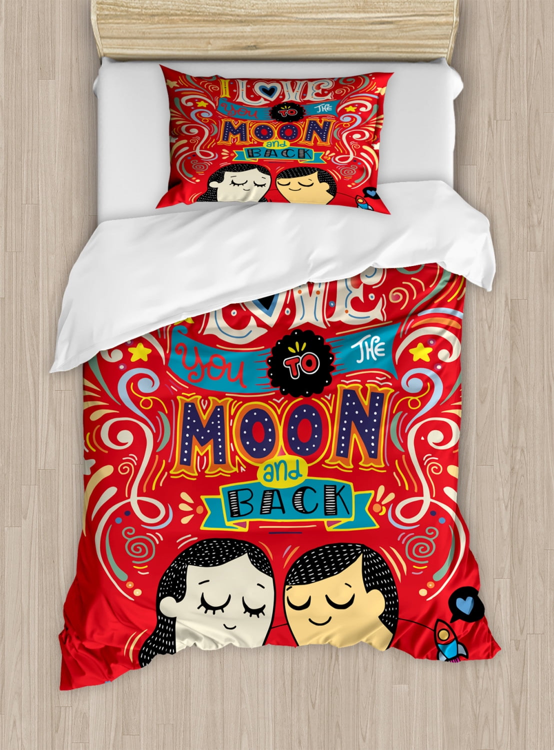 I Love You Duvet Cover Set Twin Size, Couple Hugging with Oriental