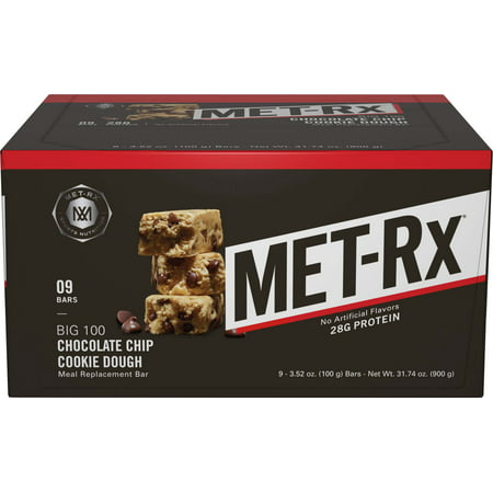 MET-Rx Big 100 Protein Bar, Chocolate Chip Cookie Dough, 28g Protein, 9 Ct