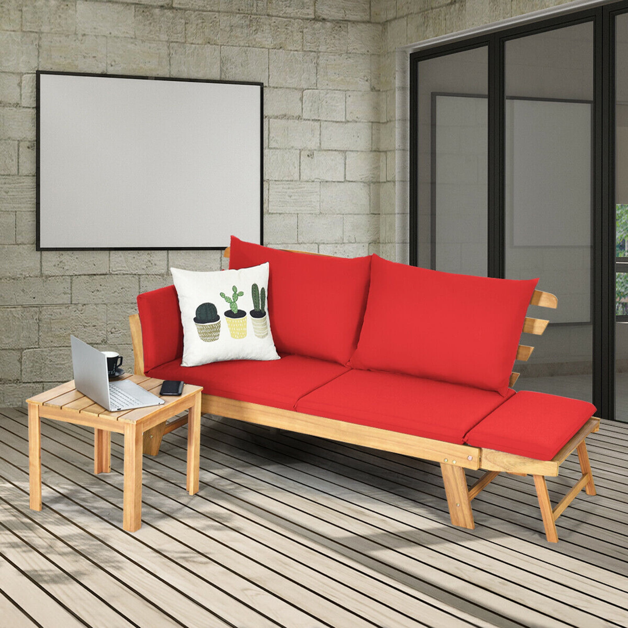 Gymax Adjustable Patio Sofa  Daybed  Acacia Wood Furniture w 