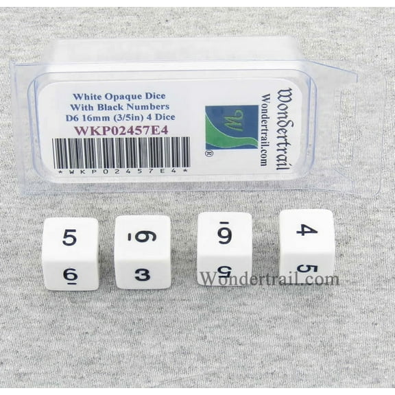 White Opaque Dice with Black Numbers D6 16mm (5/8in) Pack of 4 Wondertrail