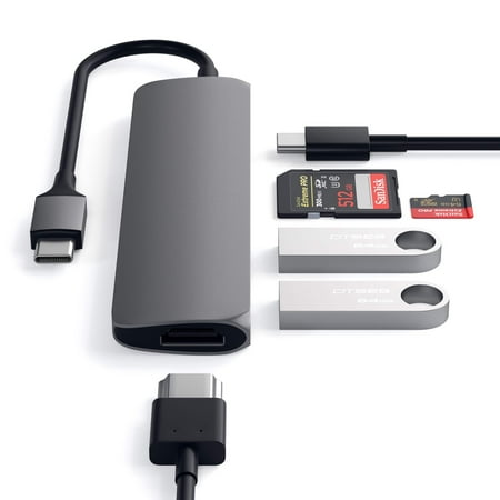 Satechi - Slim Multi-Port Adapter V2 with USB-C PD, 4K HDMI, Micro/SD Card Readers, USB 3.0 for MacBook, Windows Laptops - Space Gray