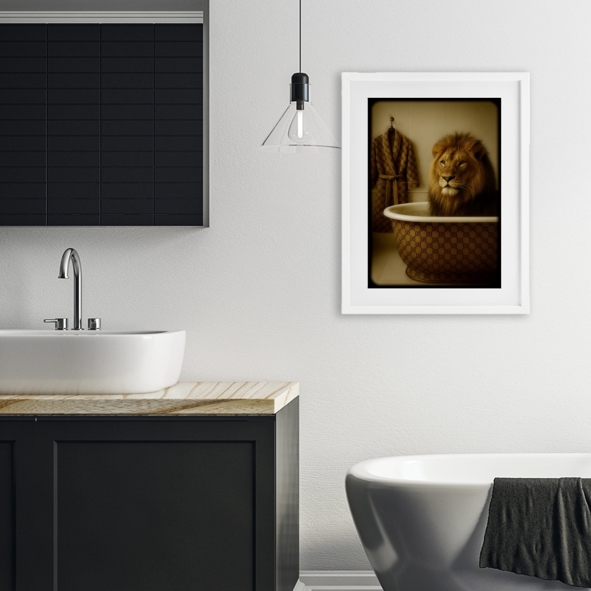 Stupell Industries Couture Lion in Luxury Tub White Framed Print Under Glass, design by Grotto Studios