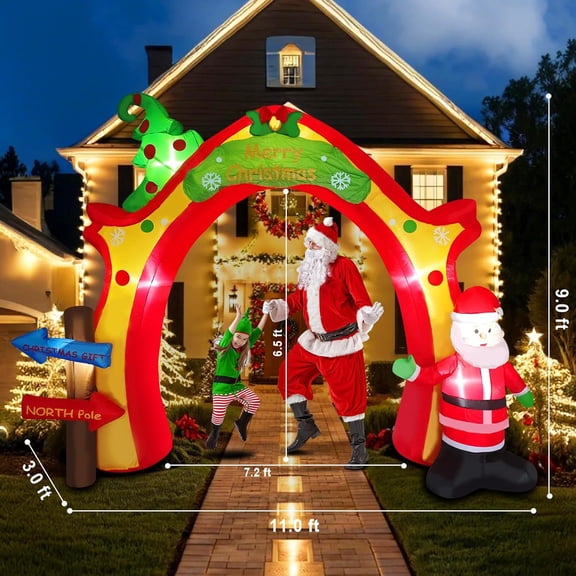 11FT Christmas Inflatable Archway Decoration Blow Up Giant Arch with Santa Claus & Xmas Tree Outdoor Decor Built-in LED Yard Decorations Garden Lawn Party Holiday  Outside Décor
