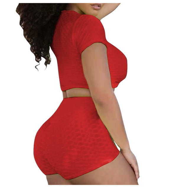 Workout Outfits for Women Sexy Two Piece Outfits Yoga Sets Short Sleeve Tops with Compression Shorts Suits