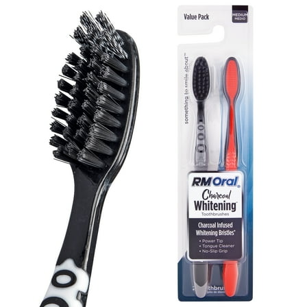 RM Oral Charcoal Whitening Medium Toothbrush, Charcoal Infused Spiral Bristles, 2 Count