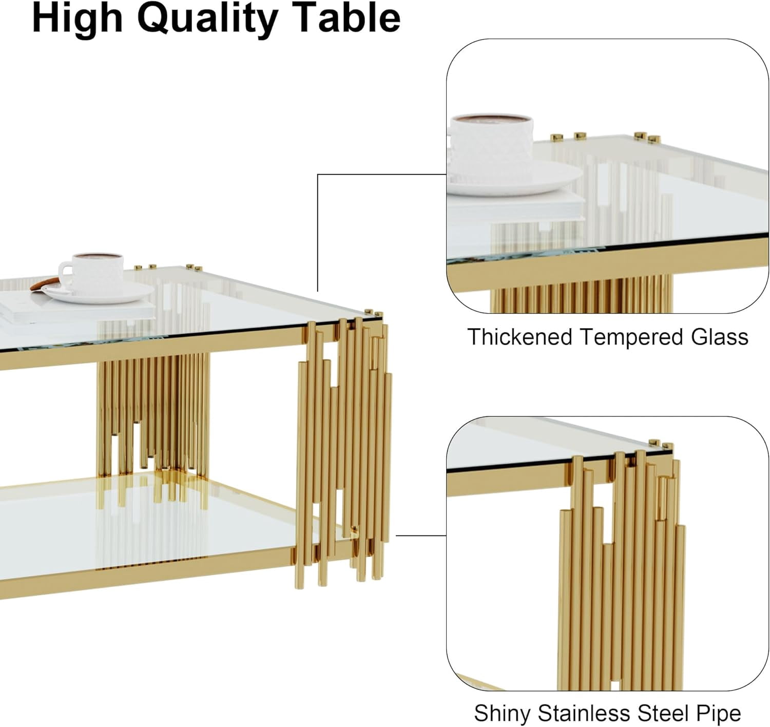 End Tables for Living Room Set of 3, Holaki Modern Rectangle Tempered Glass Coffee Table with 2 Square End Table, Coffee Table Set with Stainless Steel Irregular Legs for Home Apartment Office