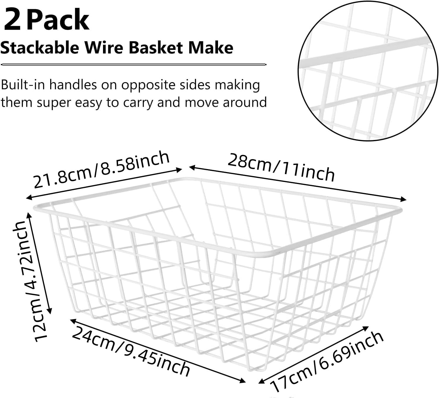 Manss 2 pcs Freezer Storage Baskets, White Wire Storage Bins Small Basket for Freezer, Pantry, Bathroom Organizing,White