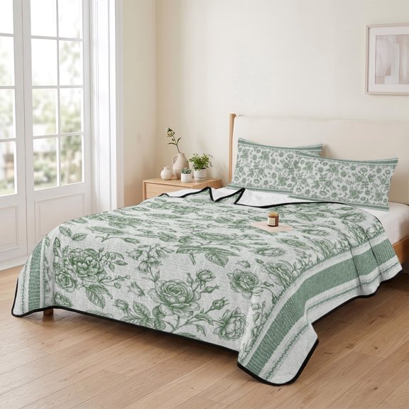 Rustic Blossom Flower Plant 3 Pieces Quilt Set,1 Quilt with 2 Shams,Sage Green Linen Texture Bedspread Soft Lightweight Bedding Coverlet Comforter Set for All Season 90"x96"