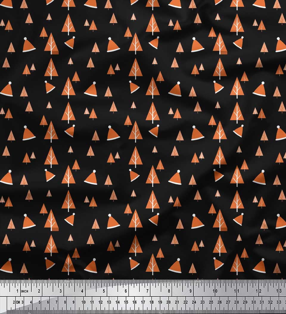 Soimoi Black polyester Crepe Fabric Santa Cap & Tree Christmas Print Sewing Fabric Yard 52 Inch Wide