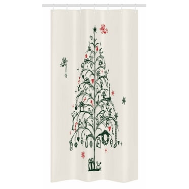 Christmas Stall Shower Curtain, Fairies with Wands and Tree Hand Drawn Style with Wreath and Stockings Image, Fabric Bathroom Set with Hooks, 36W X 72L Inches Long, Red and Green, by Ambesonne