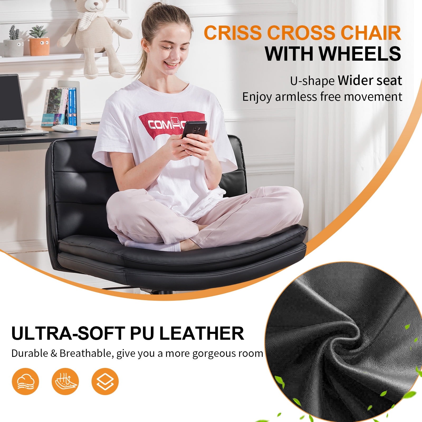 COMHOMA Armless Office Desk Chair with Wheels, PU Leather Padded Cross Legged Office Chair, Modern Swivel Vanity Chair Height Adjustable Wide Seat Computer Task Chair, Balck