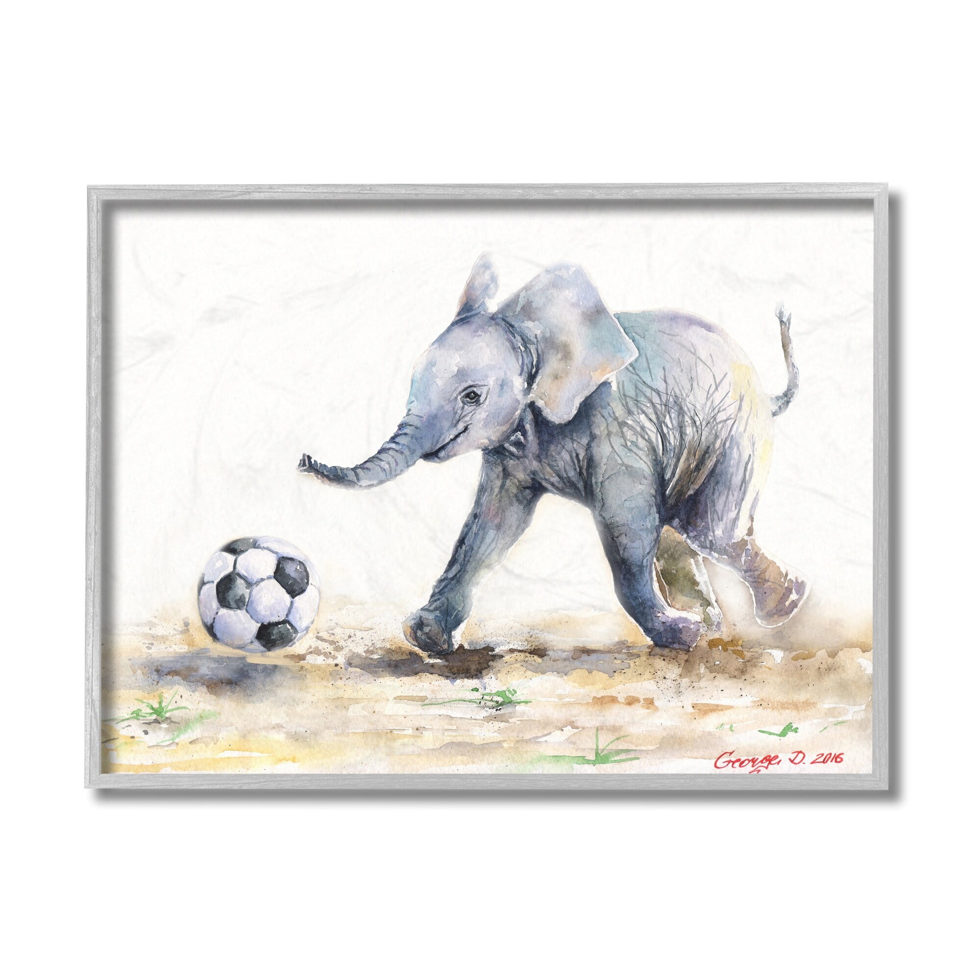 Stupell Industries Elephant Baby Playing Soccer Adorable Jungle Animal Black Framed, 24 x 30, Design by George Dyachenko