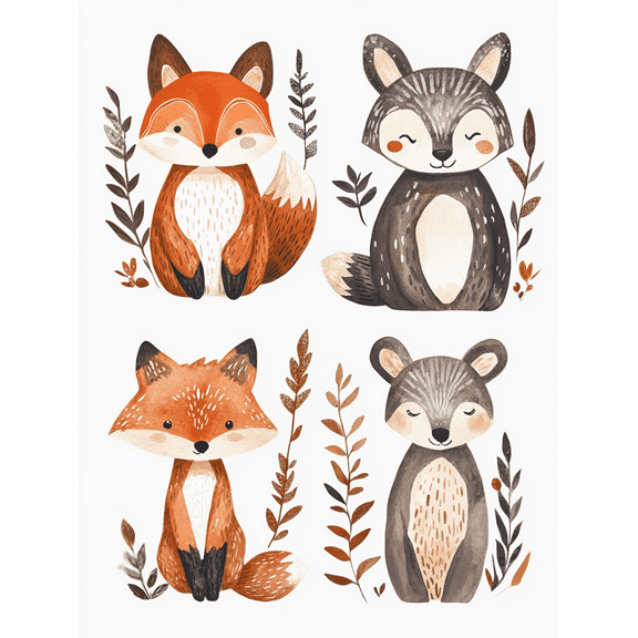 Cute Fox and Wolf Watercolor Painting/Canvas Print，Suitable for Nursery Decor，Kids Room Decor，Living Room Decor，Bedroom Decor，Office Decor