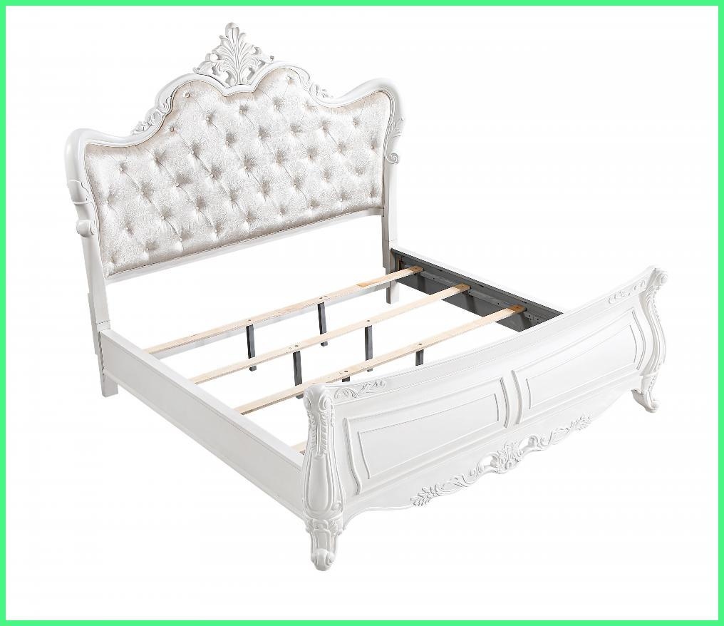King Size Solid Wood Bed Frame with Tufted Velvet Headboard & Ornate Carvings Pearl White for Master Bedroom