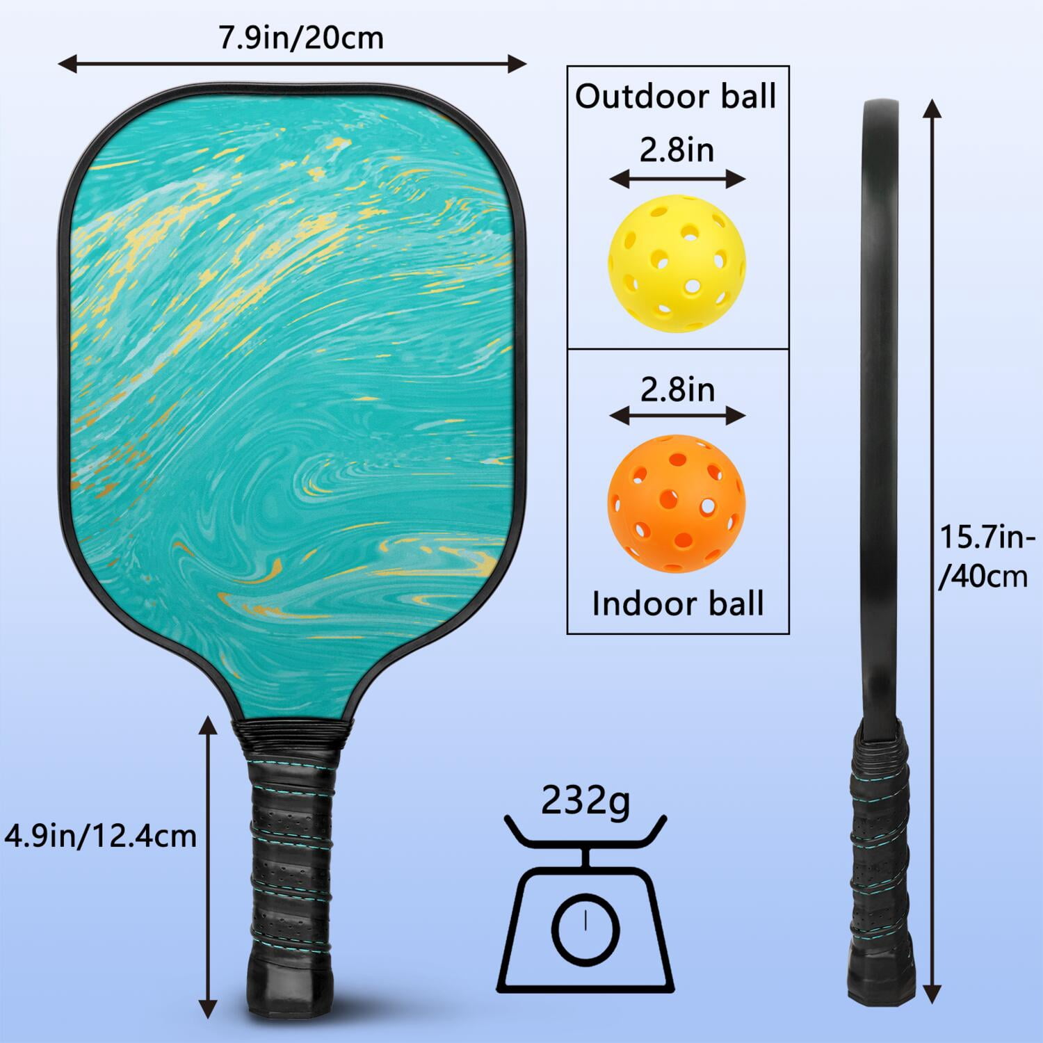Pickleball Paddles Set Of 2, Fiberglass Surface, Turquoise Marble Pattern, 4 Balls & Bag