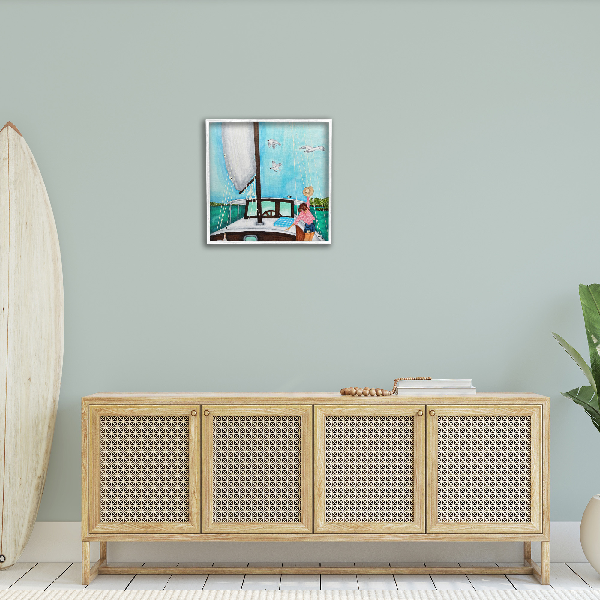 Stupell Industries Girl on Boat Scene Transportation Painting White Framed Art Print Wall Art, 24 x 24