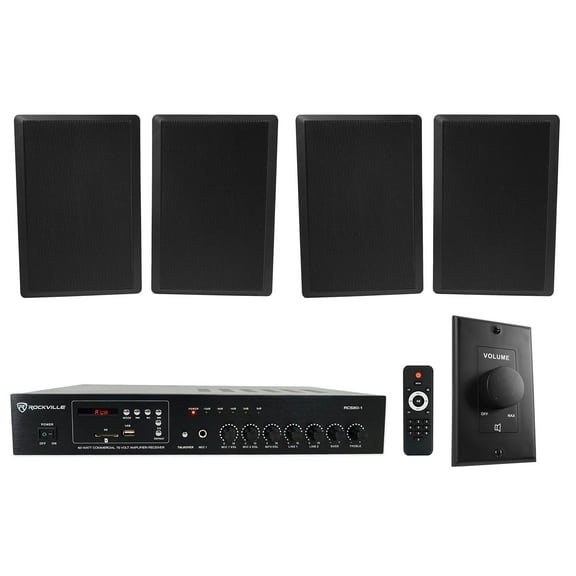 Rockville Commercial Restaurant Amp (4) Black Slim Wall Speakers Wall Controller