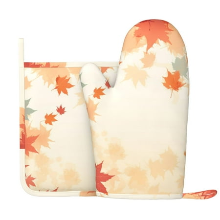 

XMXY Oven Mitts and Pot Holders 2 Pcs Sets Maple Oranger Leaf Background Heat Resistant Silicone Cooking Gloves for Grill Baking BBQ Kitchen Decor