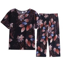 Baqcunre Two Piece Set for Women Floral Short Sleeve Crew Neck Tops And Wide Leg Pants Cozy Linen Set Summer 2 Piece Outfits Brown XL