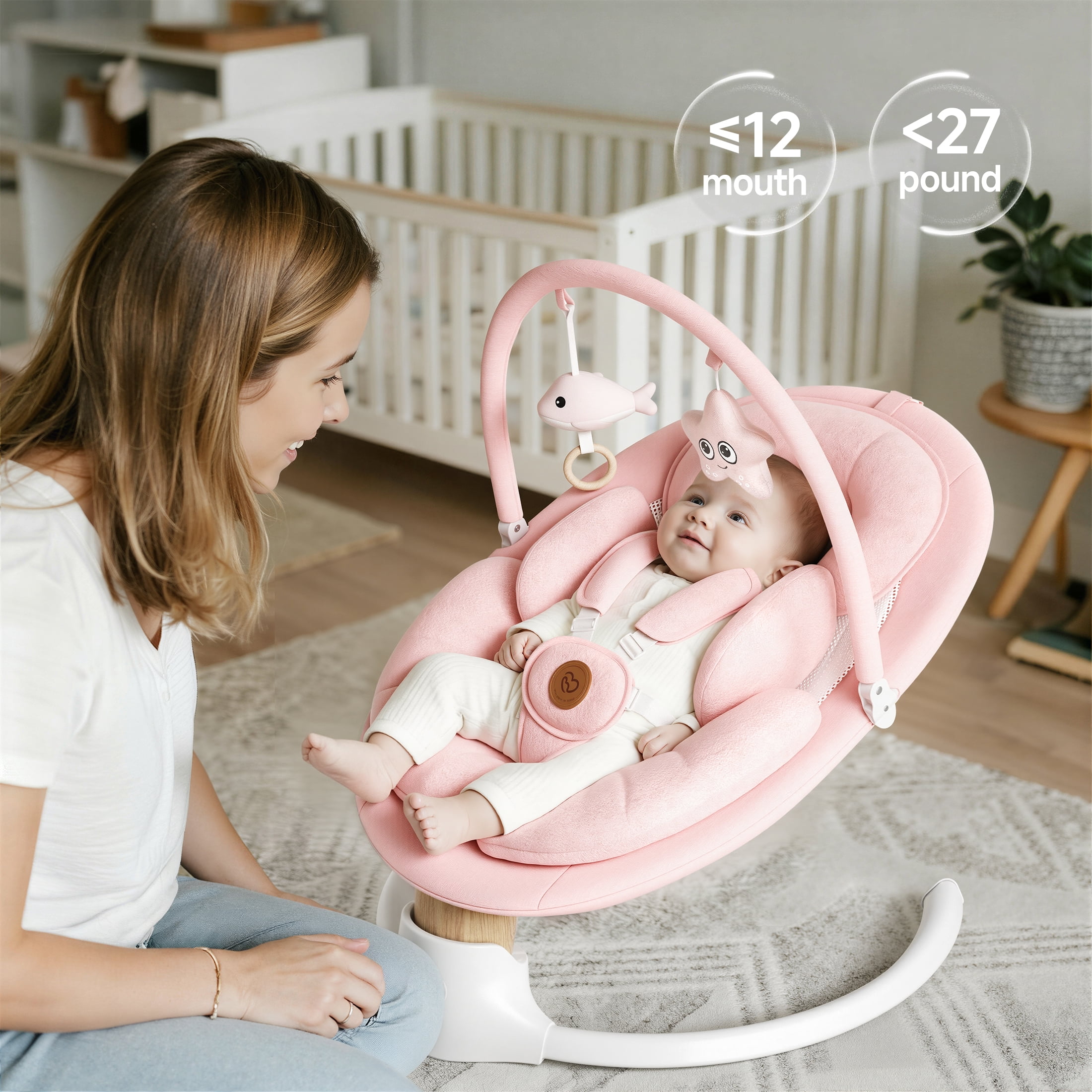 Babyomi portable baby swings for infants to toddler, Electric Swing with Music Speaker, 3 Seat Positions , 5 Speeds, and Remote Control - Infant Swing for Indoor and Outdoor, Pink