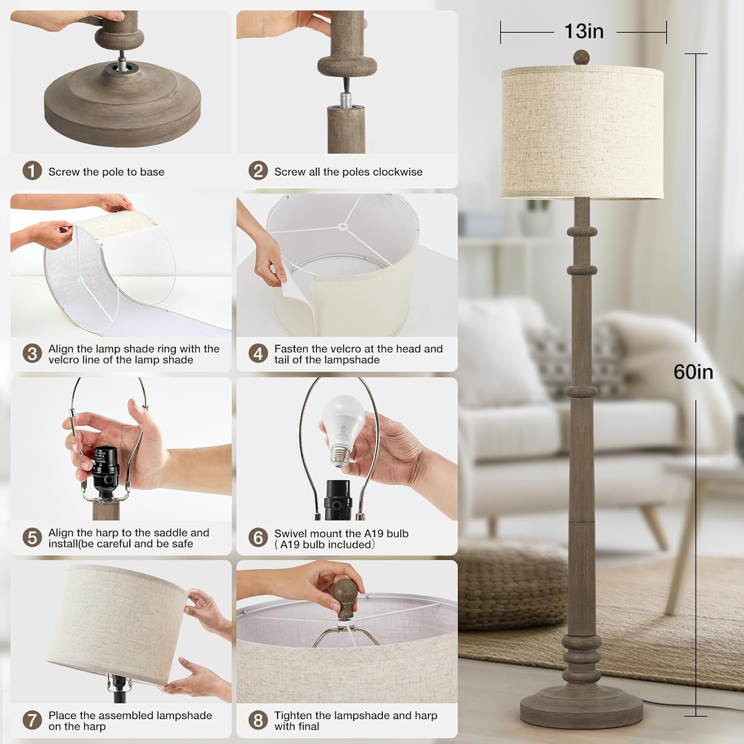 Floor Lamps for Living Room - 60" Resin Farmhouse Floor Lamp with Adjustable Color Temperatures - Vintage Standing Lamp Reading Light with Linen Shade Retro Tall Lamp for Bedroom Office, Black