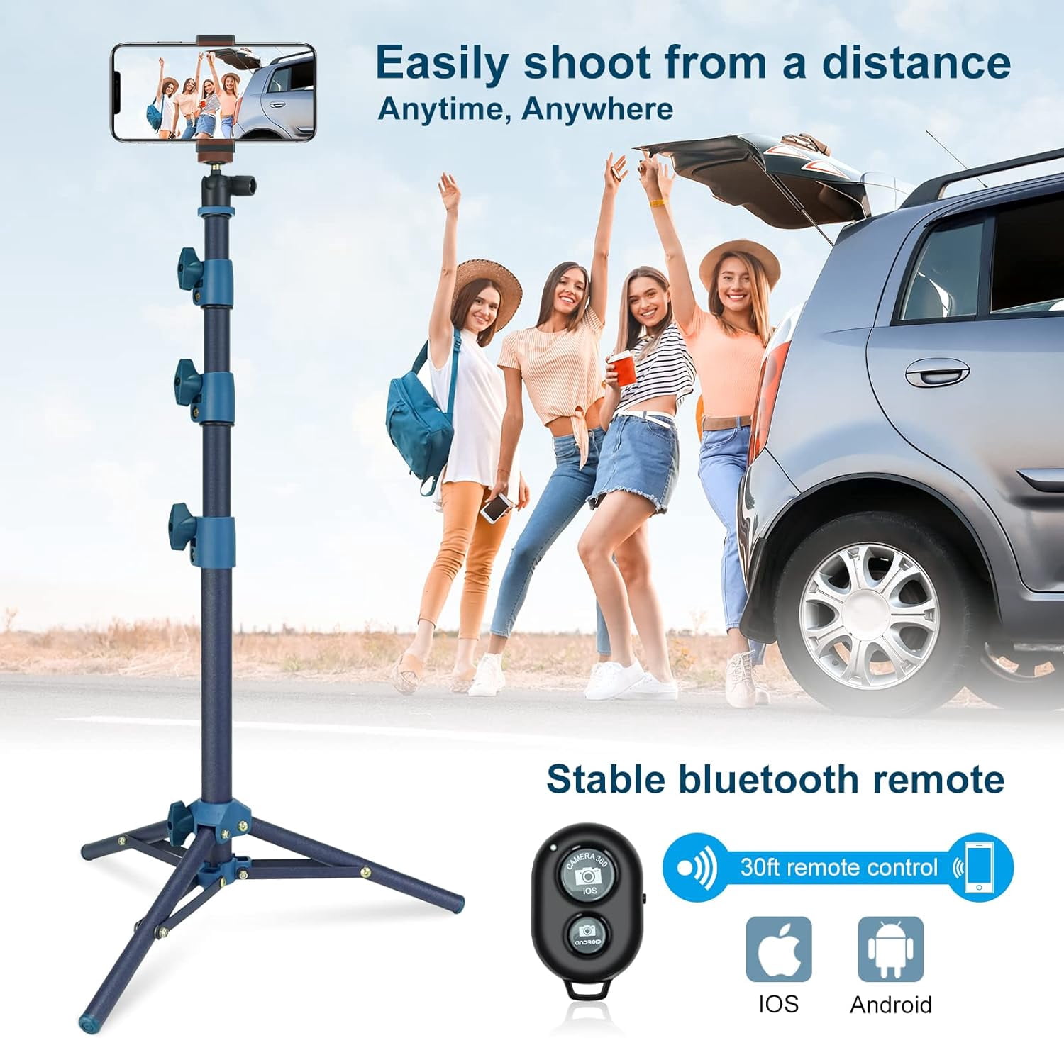 LINCO Adjustable iPhone iPad Selfie Stick Tripod 52” Bluetooth Remote Mic Stand Tablet Holder -Blue