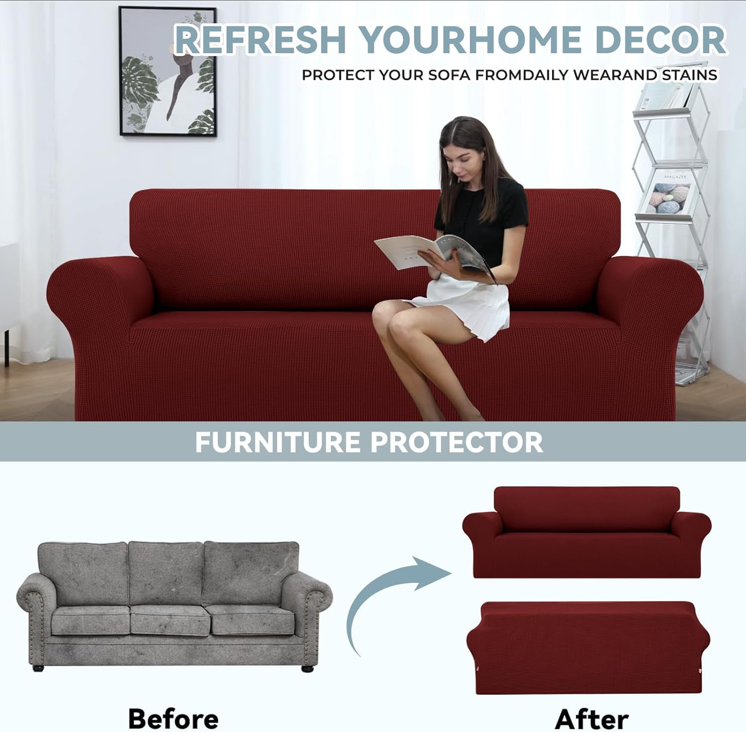 XmhyTop Stretch Sofa Slipcovers Couch Covers for 3 Cushion Washable Non - Slip Couch Sofa Cover with Elastic Bottom - Pet Friendly Furniture Protector (Large,Wine Red)