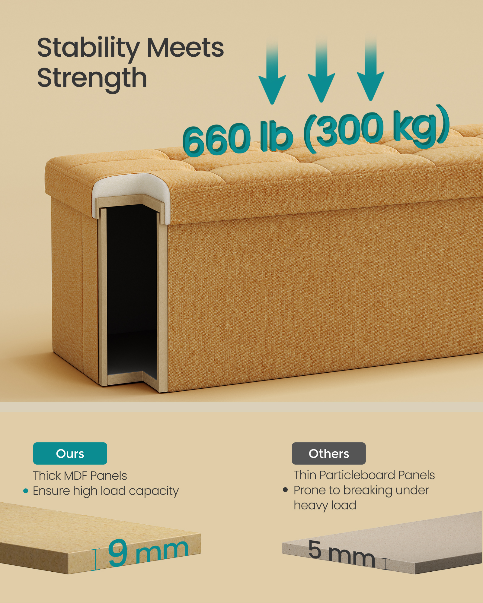 43-Inch Storage Ottoman Bench with Removable Divider, 660 lb Capacity Folding Footrest for Living Room Bedroom, Ginger