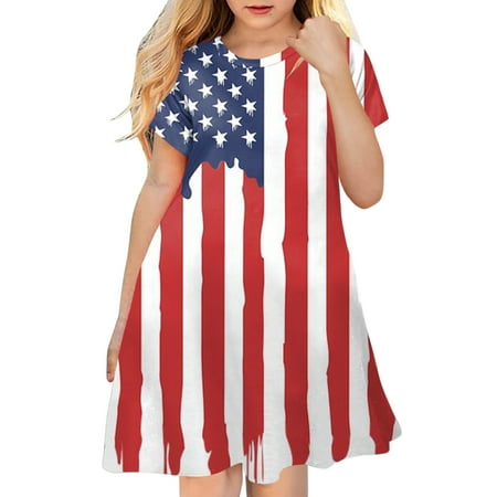 

TAIAOJING Little Girls Short Sleeve Dress Toddler Kids Independent Day Star Stripes Prints Princess Dresses Cute Dresses 2-3 Years