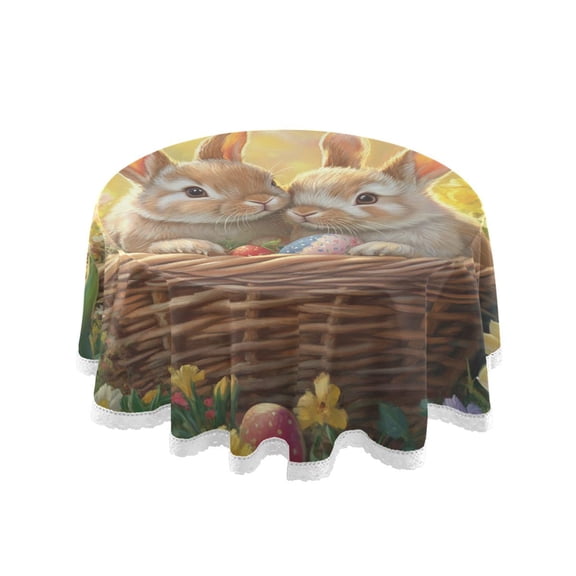 YAZAOO Round Tablecloth Rabbit on Easter Basket Pattern Tableclothes