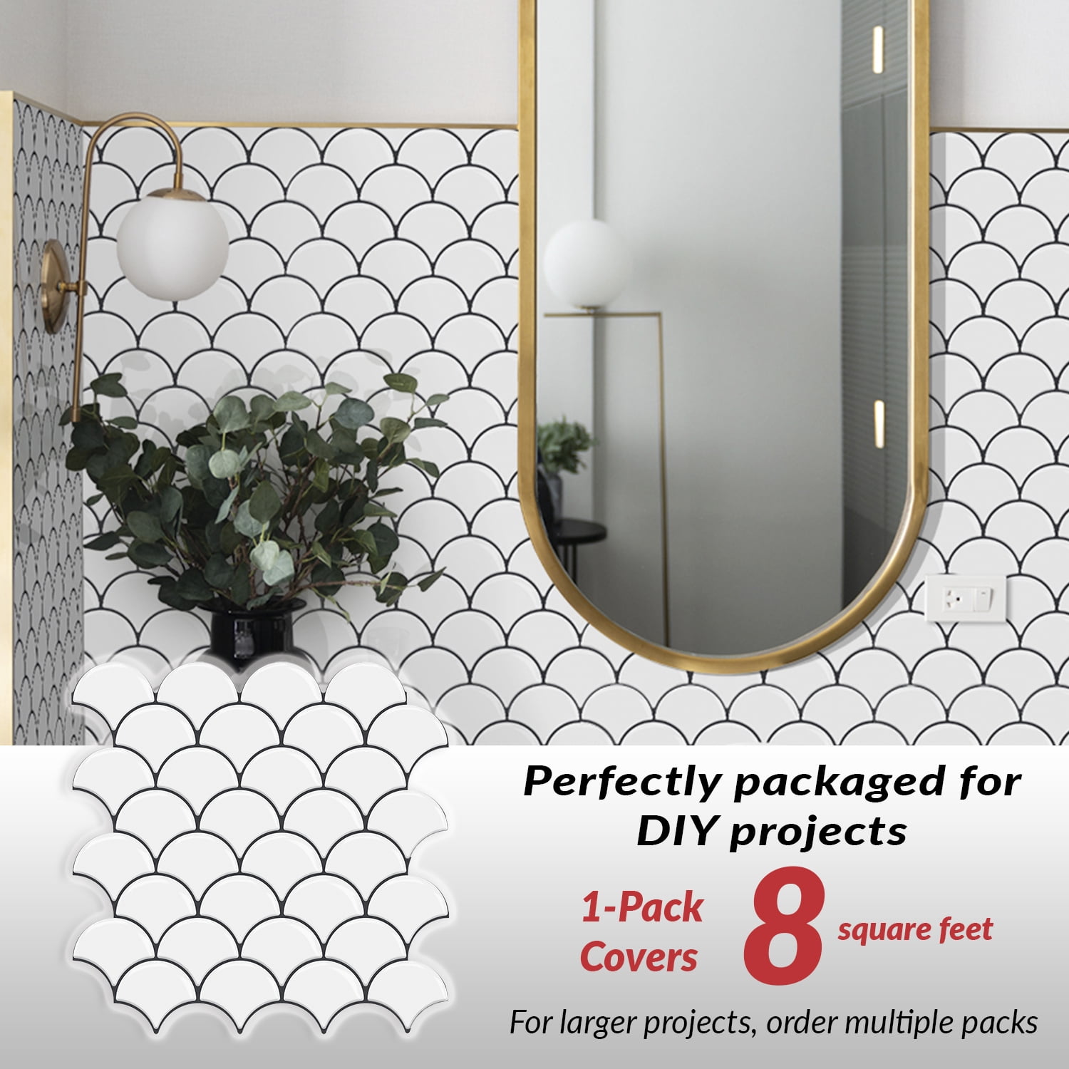 Dcor WOW 41001  Peel & Stick Backsplash, (8) 12x12-inch Sheet Covers 8 Sq Ft, White Scallop Back Splash Tile Grey Grout