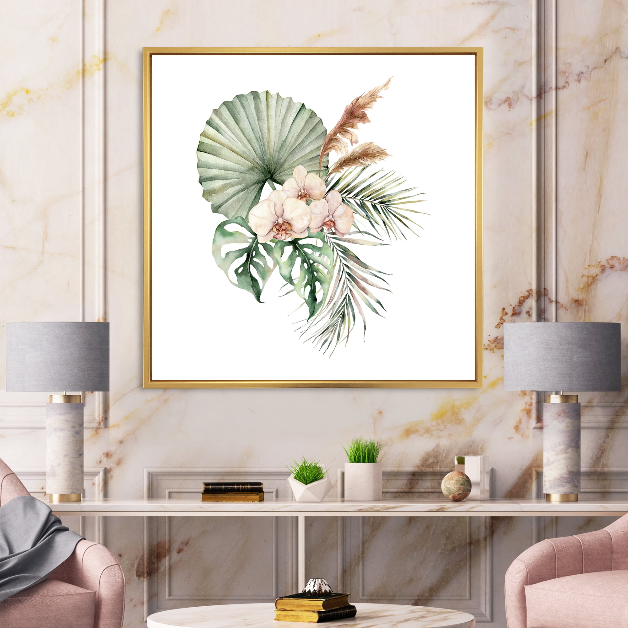 Designart 'Tropical Bouquet With Palm Orchids Leaves' Traditional Framed Canvas Wall Art Print
