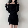 thumbnail image 3 of Womens Off The Shoulder Ribbed Knitted Sweater Dresses Fall Winter Long Sleeve Pullover Dresses Casual Slim Fit Warm Dresses, 3 of 6