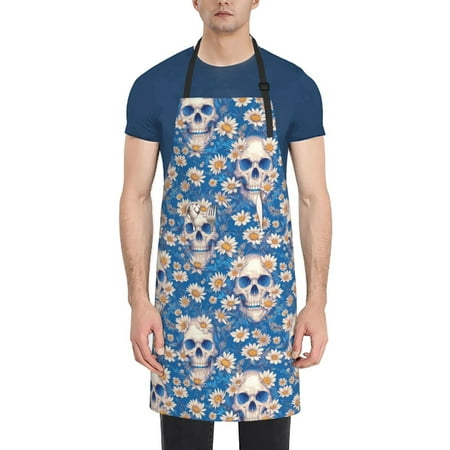 

Tebeau white Skull daisy in water Print Waterproof Cooking Aprons Adjustable Bib Soft Chef Apron with 2 Pockets for Men Women