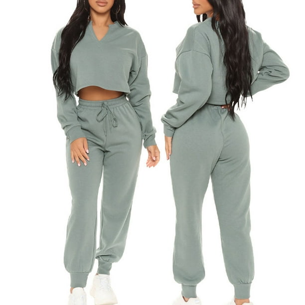 TIMIFIS Womens Two Piece Outfits Casual Sweatsuits Solid Tracksuit Jogging Sweat  Suits Matching Jogger Hoodie Pants Set-Green-L - Fall Savings Clearance 