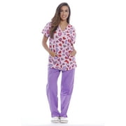 Just Love Nursing Scrubs Set for Women / Print Scrubs (V-Neck) (Hearts with Purple Pants, Medium)